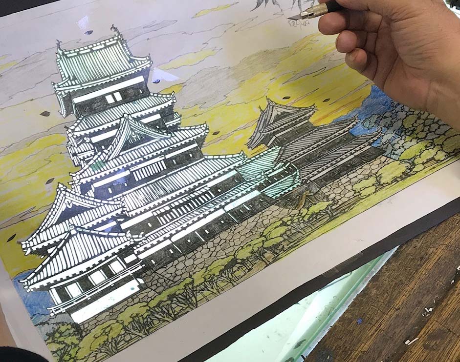 切り絵 松本城 制作 – あさのたかを／タイルアートと木壁画の世界